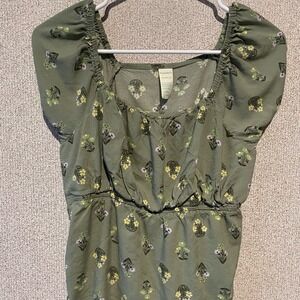 Thereabouts Floral‎ Puff Sleeve Top Olive Green Square Neck Ruched L 14.5-16.5